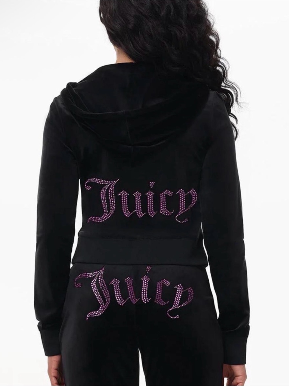 Juicy Couture black velour tracksuit with pink rhinestone bling ‘Juicy' logo